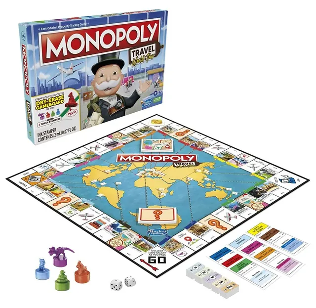 The box behind the world-map board, with stamper tokens, dice, cards and money