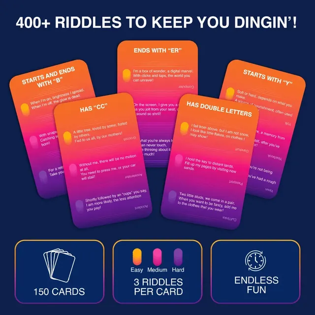 Riddle cards with clues such as Starts with T and Has double letters, each with easy, medium and hard riddles