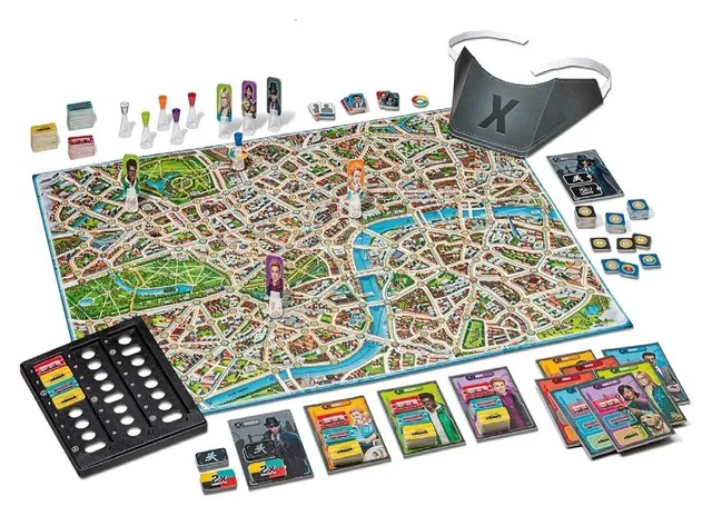 The map of London board with detective pieces, Mr X's visor, ticket boards and start cards