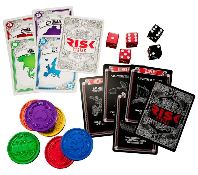 Continent cards, tactics cards, red and black dice and coloured domination coins