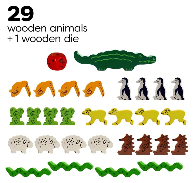 The 29 wooden animals laid out: a crocodile, four each of seven animals, and a red wooden die