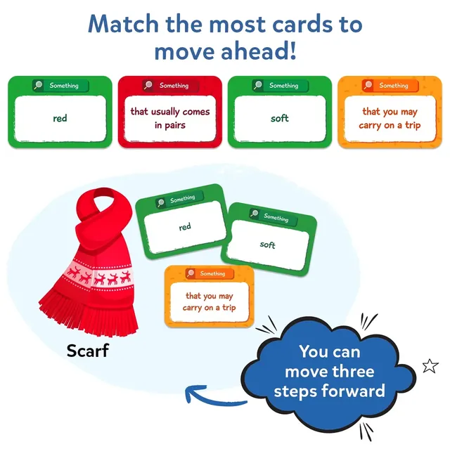 Four clue cards, red, usually comes in pairs, soft and carry on a trip, beside a red scarf that matches three of them