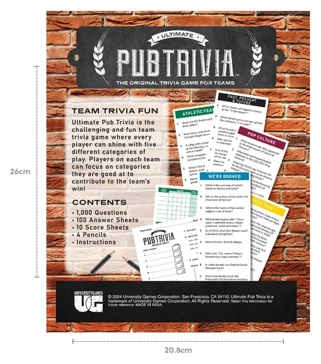 The back of the Ultimate Pub Trivia box, with the contents list and sample cards