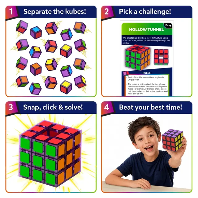 Four steps: separate the cubes, pick a challenge, snap and click the big cube together, and beat your best time