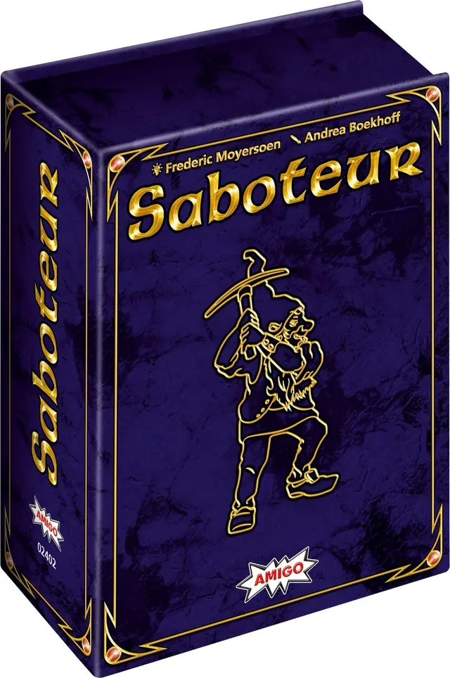 The dark blue 20th-anniversary Saboteur box with a gold outline of a miner