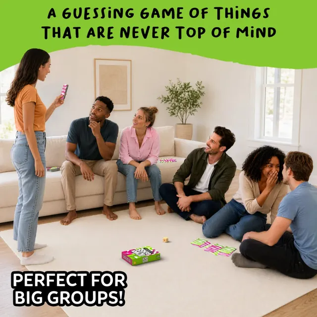 A group of friends in a living room, one describing a word to the others