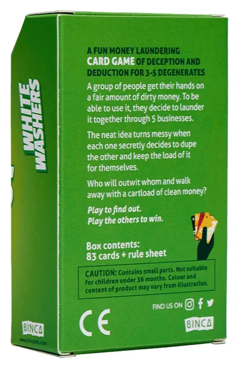The box back calling it a money laundering card game of deception and deduction for 3 to 5 players