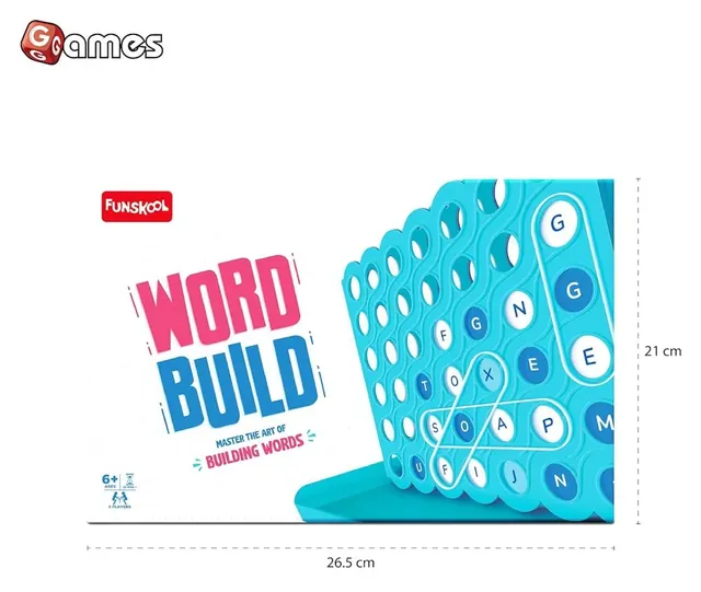 The Word Build grid unit with letter tiles in its holes, about 26.5 cm wide and 21 cm tall