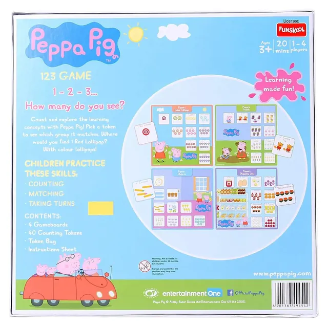 The back of the Peppa Pig 123 Game box, with the skills it practises and the contents list