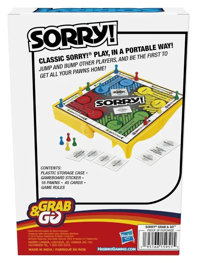 The back of the Sorry! Grab and Go box, with the travel case, the contents and the line Made in India