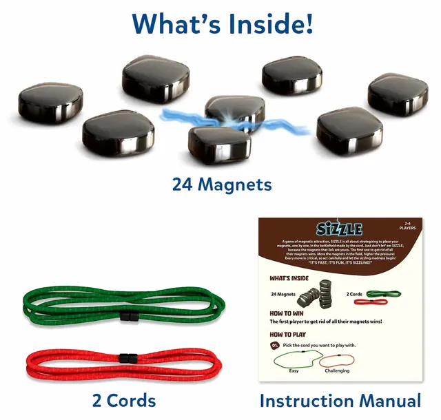 Skillmatics' contents picture for Sizzle: 24 magnets, 2 cords and an instruction manual