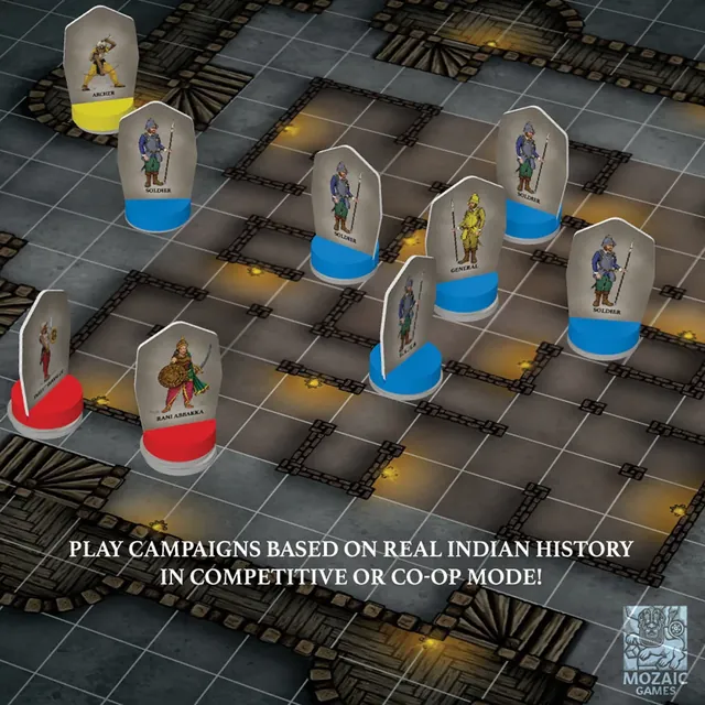 Soldier cut-outs on red, blue and yellow stands facing each other on the night-side board