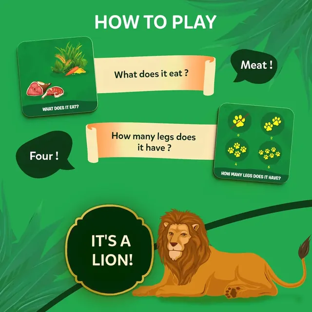 How to play: the tiles ask What does it eat? (meat) and How many legs does it have? (four), and the answer is a lion