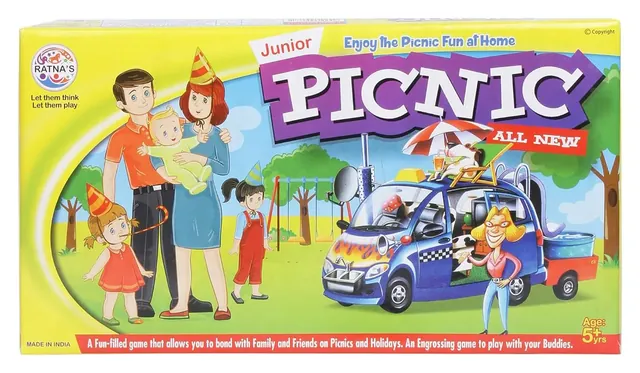 A newer Picnic Junior box design with a family in party hats, marked Made in India and age 5+