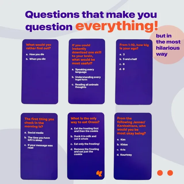 Six question cards with four answers each, such as the only way to eat an Oreo