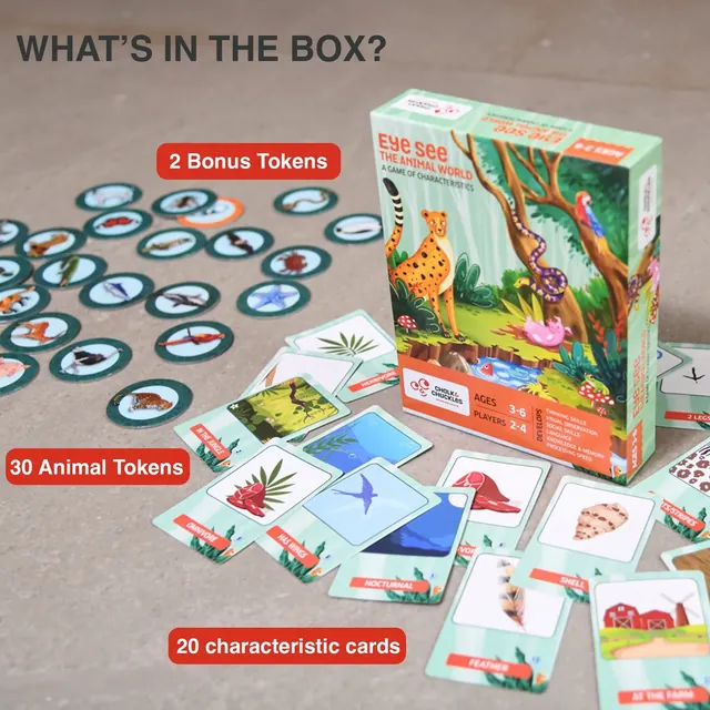 What's in the box: 30 animal tokens, 2 bonus tokens and 20 characteristic cards
