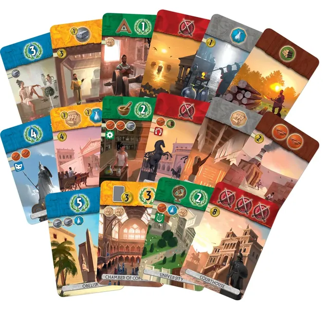 A spread of 7 Wonders Duel Age cards in many colours
