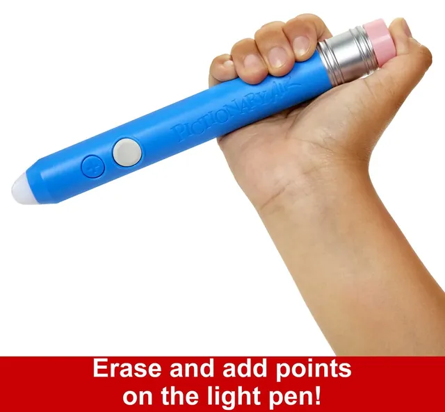 A hand holding the blue light pen, showing its buttons