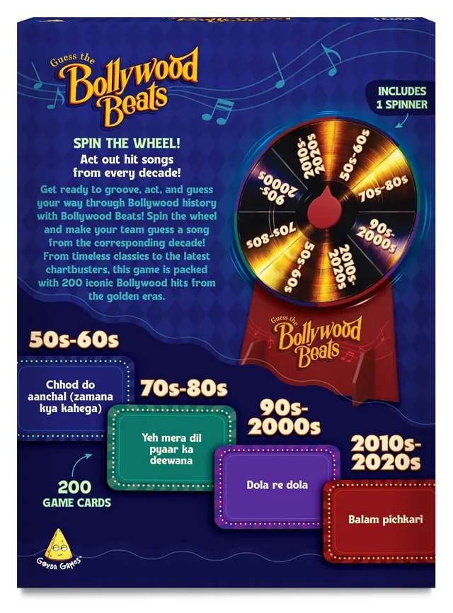 The back of the Bollywood Beats box, with the spinner and sample song cards for each decade