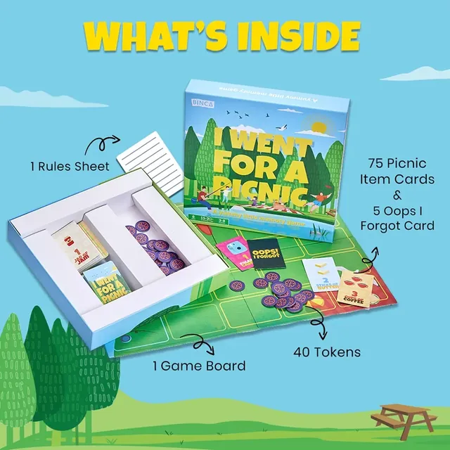 Binca's picture of the contents: a game board, 75 picnic item cards, 5 'Oops! I forgot' cards, 40 tokens and a rules sheet