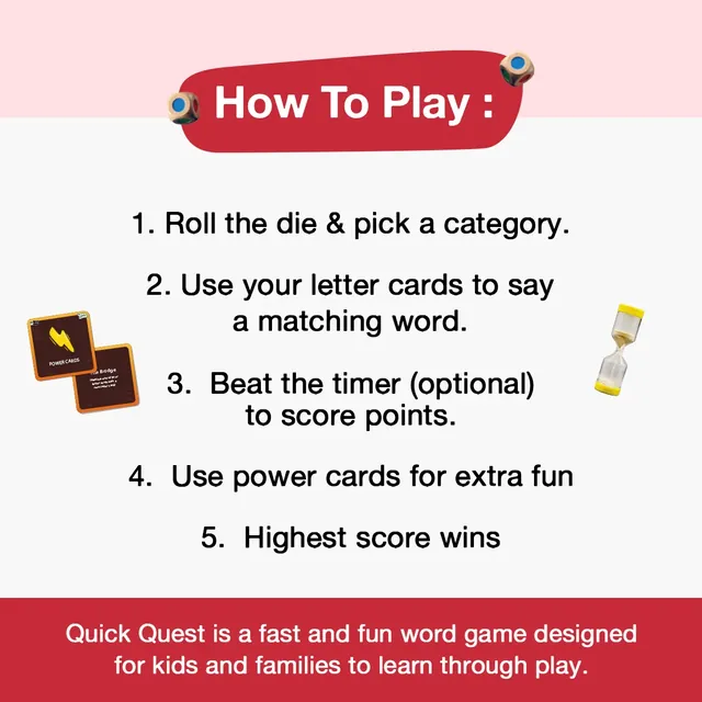 GiniMini's how-to-play picture: roll the die and pick a category, use your letter cards to say a matching word, beat the timer