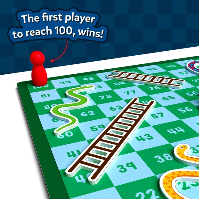 A red pawn near square 100 on the board, with ladders and snakes around it