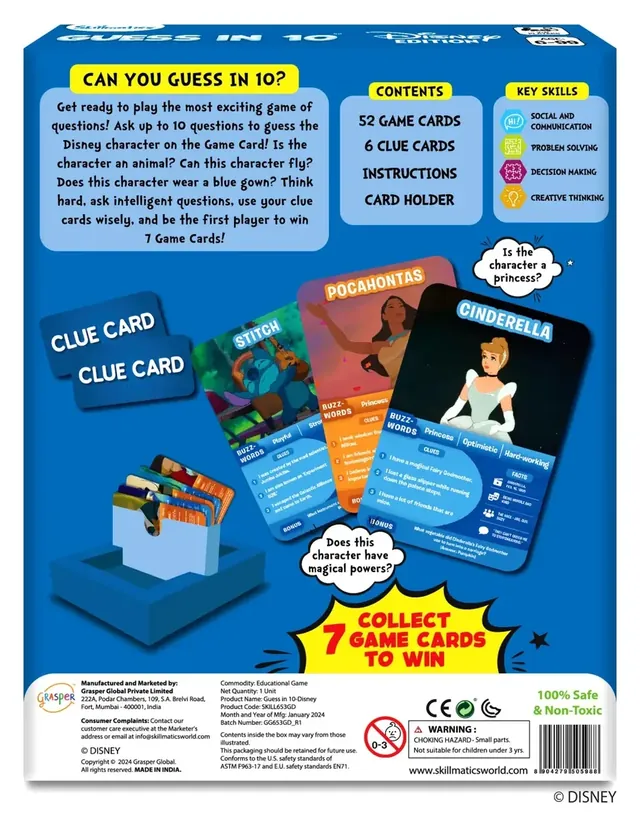 The back of the box, listing 52 game cards, 6 clue cards, instructions and a card holder