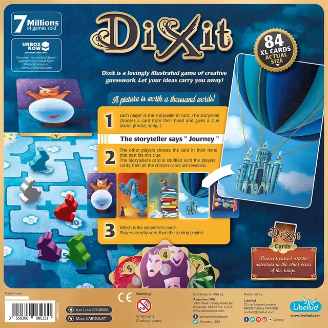 The back of the Dixit box with the three steps of play and sample cards
