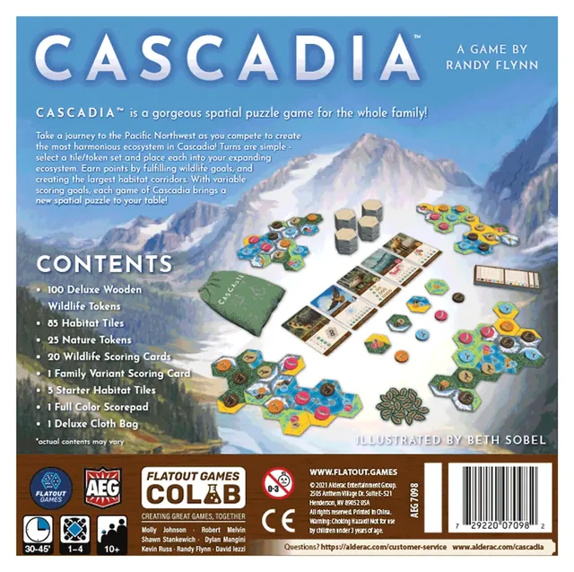 The back of the Cascadia box, with a contents list and a photo of the tiles and tokens