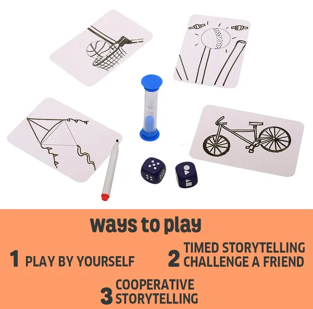 Drawn shape cards, the sand timer, the dice and a marker, with three ways to play: by yourself, timed storytelling and cooperative storytelling