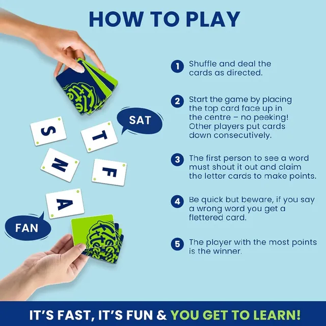 Binca's how-to-play picture with hands placing letter cards and words such as SAT and FAN