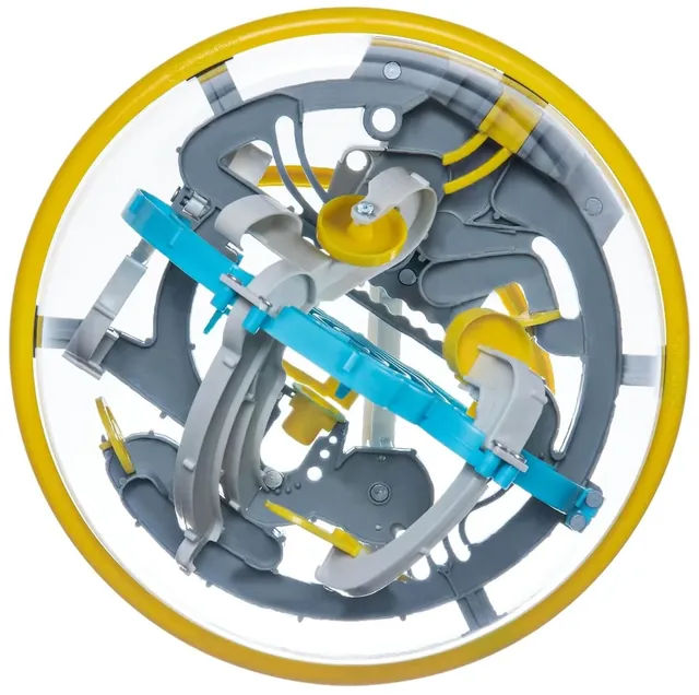 The clear Perplexus Beast sphere with its yellow ring, grey and blue track and yellow obstacles