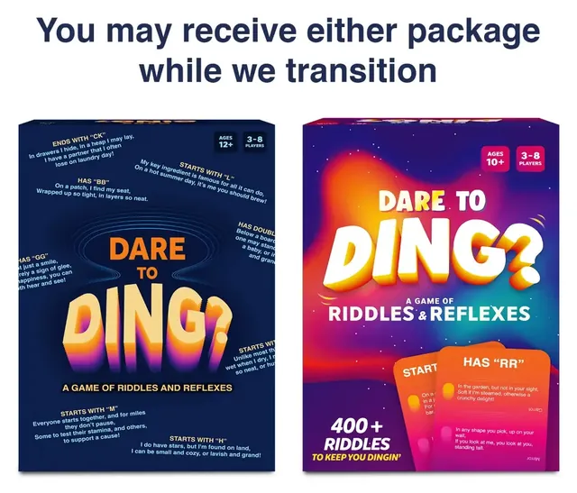 Two Dare to Ding box designs side by side, an older dark blue box and the new purple one