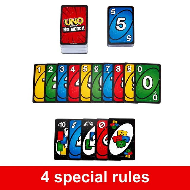 UNO No Mercy cards laid out: the deck, a row of number cards and a row of black action cards (Mattel graphic)