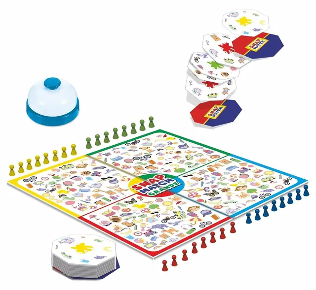 The four-colour picture board with pawns along its edges, the bell and the eight-sided cards
