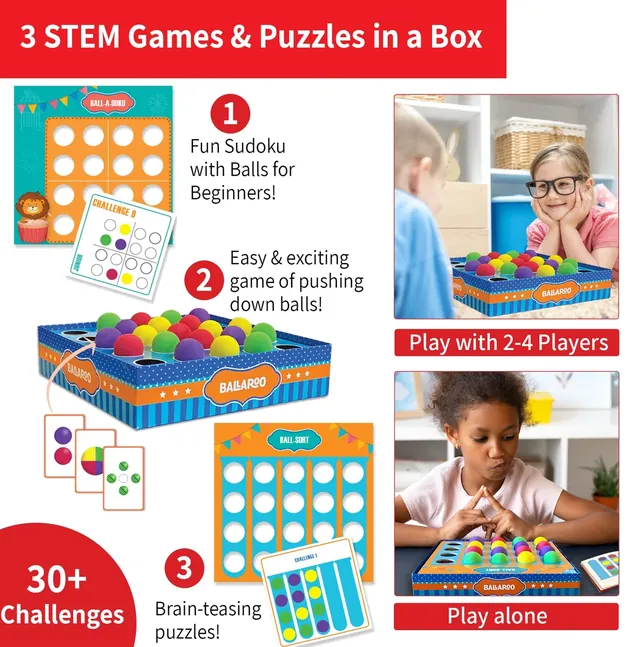 Three games in one box: colour sudoku, the push-down game for 2 to 4 players and brain-teasing ball puzzles