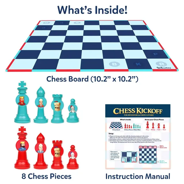 Chess Kickoff laid out: a blue and white checked board, four red and four teal pieces and the instruction manual