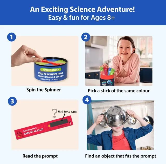 How to play in four steps: spin the spinner, pick a stick of the same colour, read the prompt and find an object that fits