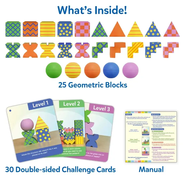 25 patterned blocks, including cubes, triangles, zigzags and balls, with level 1 to 3 challenge cards and the manual