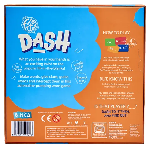 The Fletter Dash box back with how to play and the line 'Made in India'