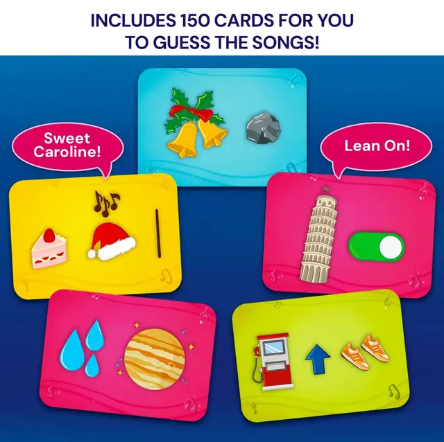 Emoji clue cards for songs, with speech bubbles reading Sweet Caroline! and Lean On!