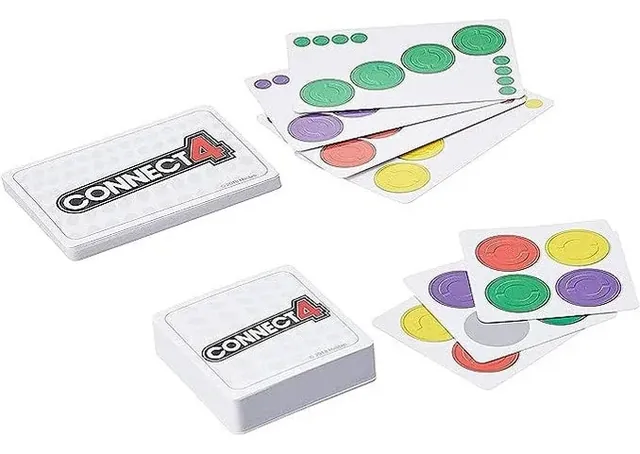 Connect 4 tiles and Mission cards with coloured circles, beside two card piles