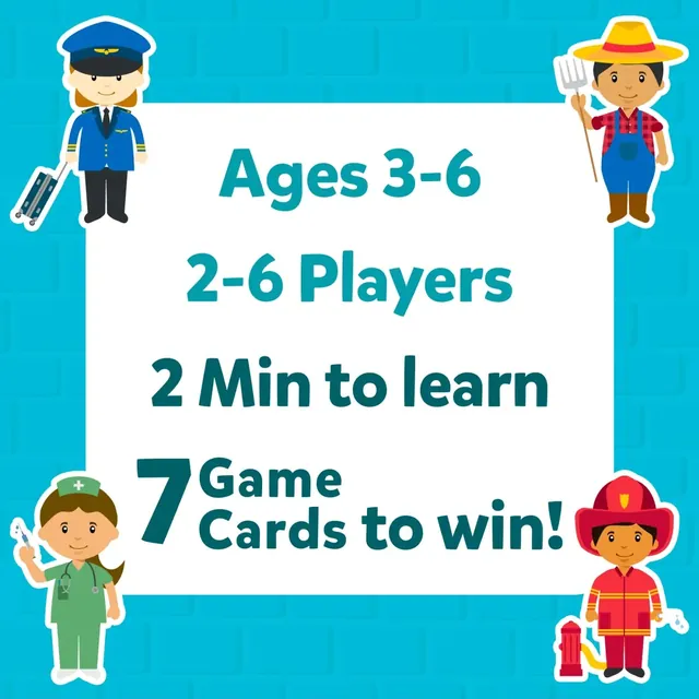 Panel reading Ages 3-6, 2-6 players, 2 minutes to learn and 7 game cards to win, with a pilot, a farmer, a nurse and a firefighter