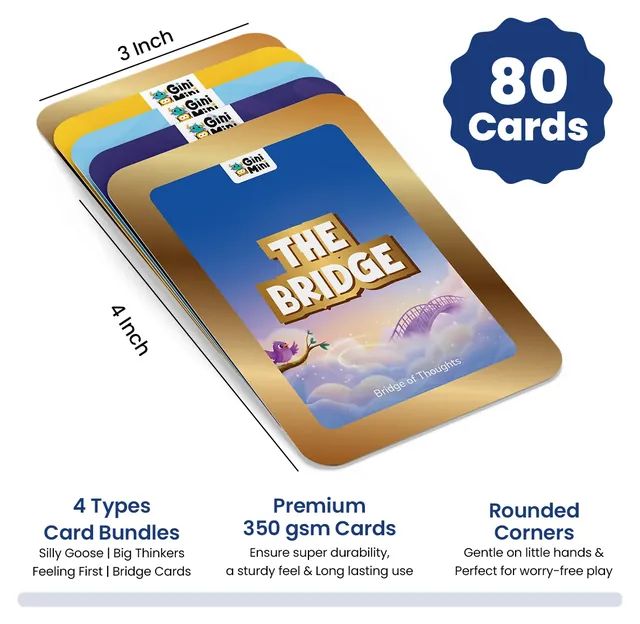 GiniMini's card picture: 80 cards of about 3 x 4 inches in four decks, Silly Goose, Big Thinkers, Feeling First and Bridge