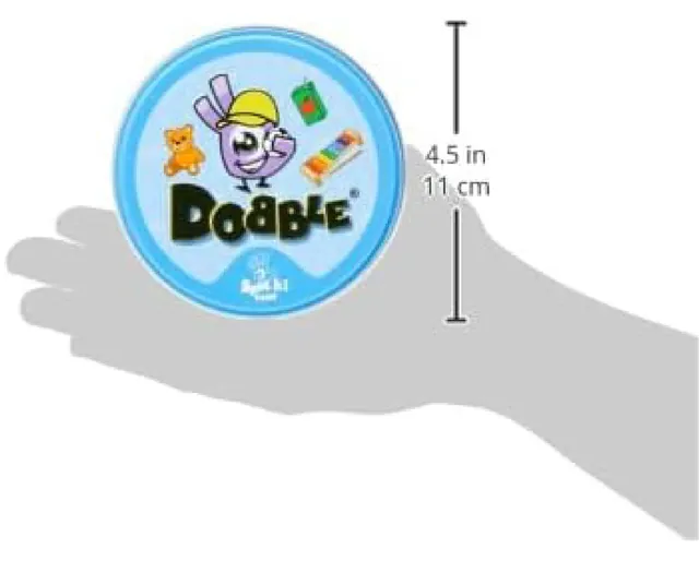 A graphic of the Dobble Kids tin held in a hand, about 11 cm across