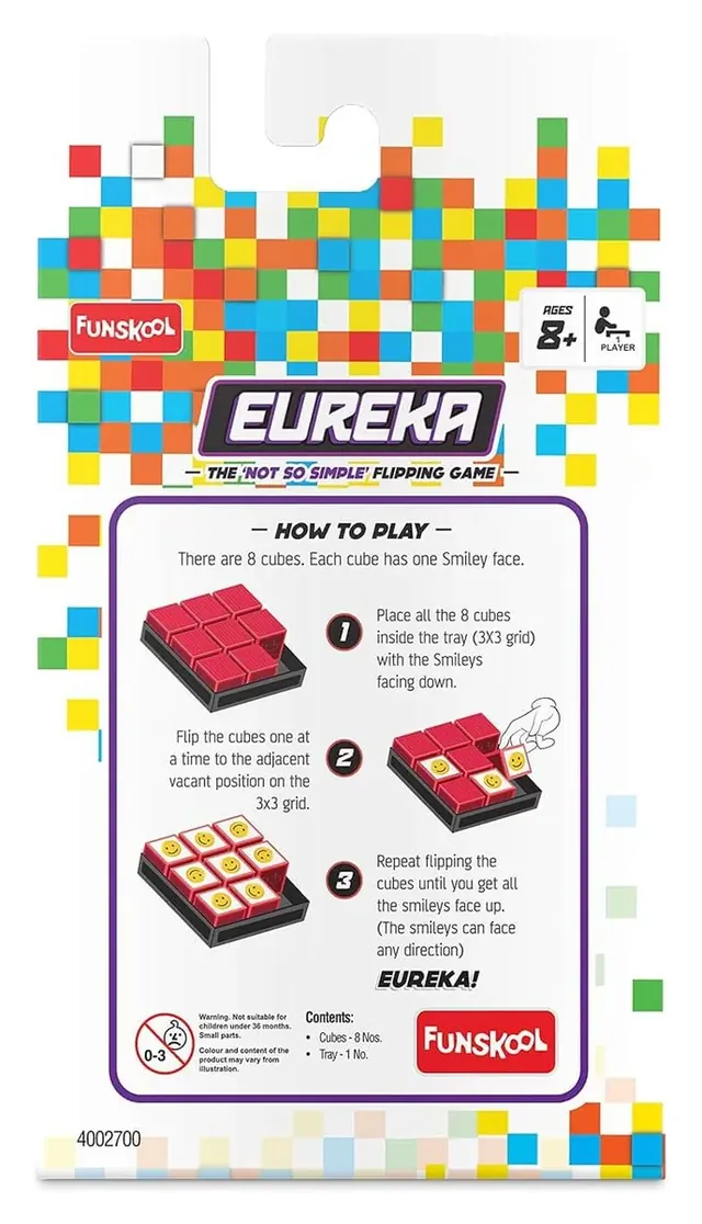 The back of the Eureka pack, with the three how-to-play steps and the contents