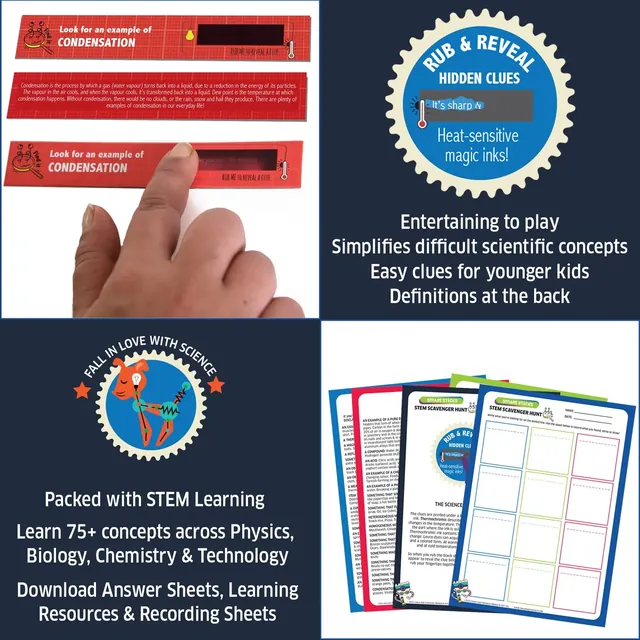 Rub-and-reveal hidden clues, definitions on the back and printable answer and recording sheets