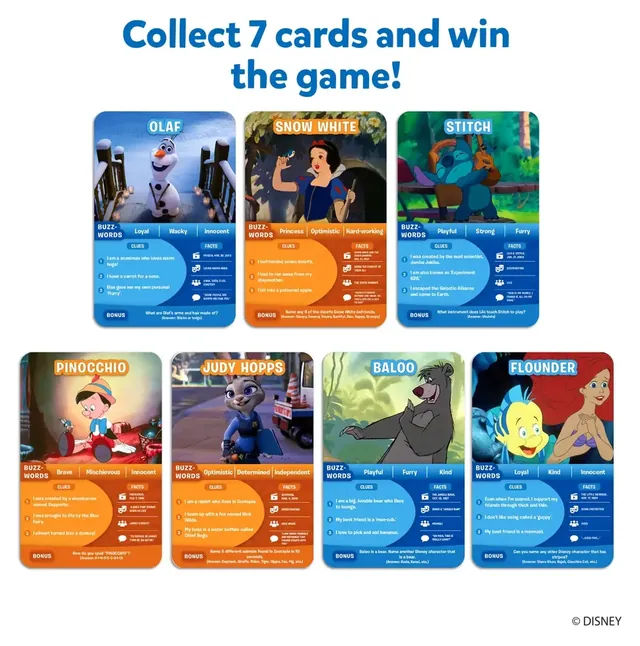 Seven Disney game cards: Olaf, Snow White, Stitch, Pinocchio, Judy Hopps, Baloo and Flounder