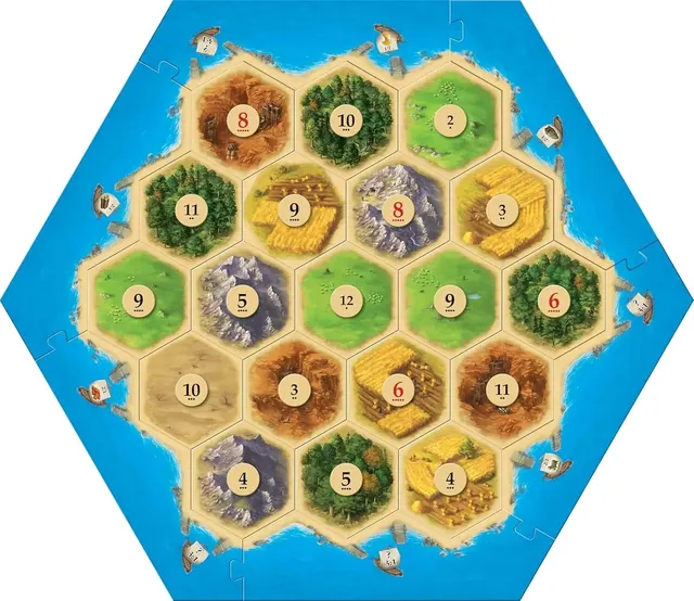 Top-down view of the assembled Catan island: coloured terrain hexes with number tokens inside a blue sea frame with harbours