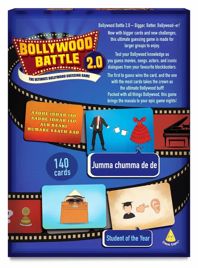 The back of the Bollywood Battle 2.0 box, with sample cards and a short description